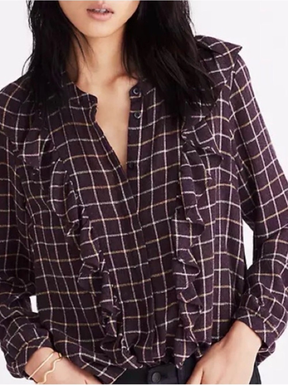 Madewell size Large button ruffle plaid purple blouse (wool) and pink earrings